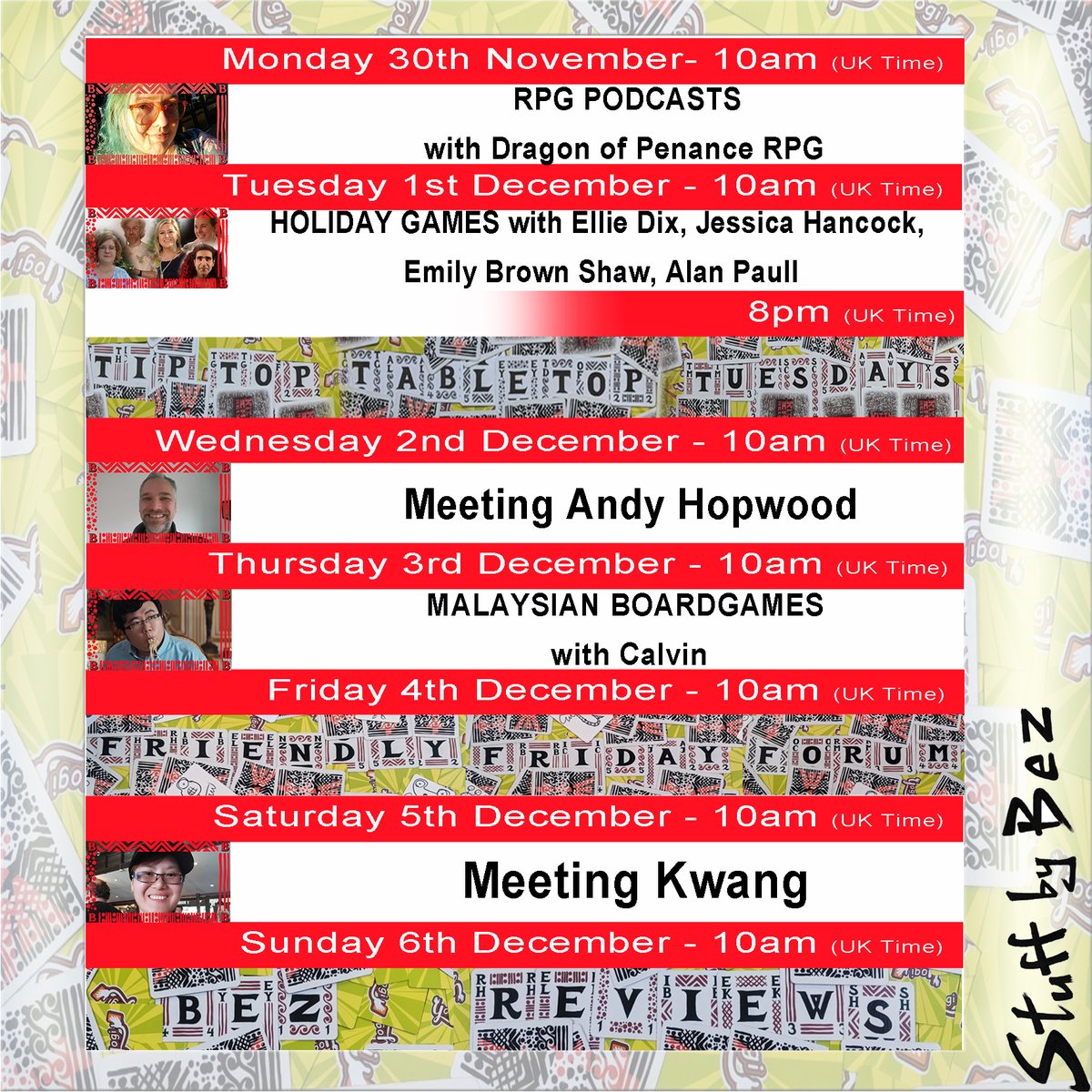 picture of schedule. Also availlable to read via my google calendar: stuffbybez.com/streams/