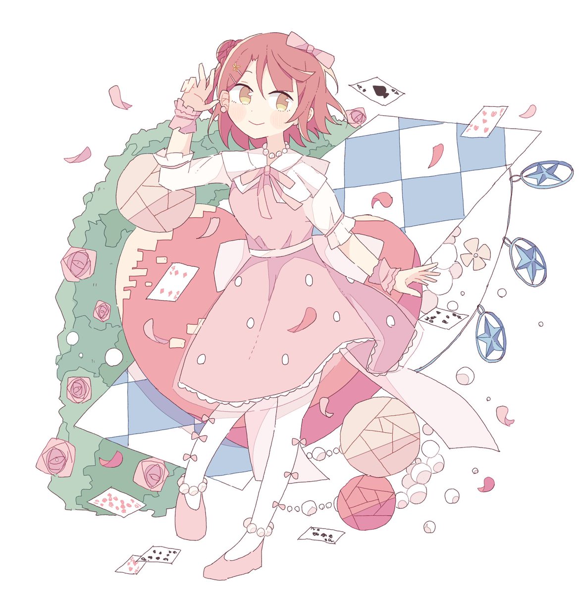 1girl solo dress card flower pink dress smile  illustration images