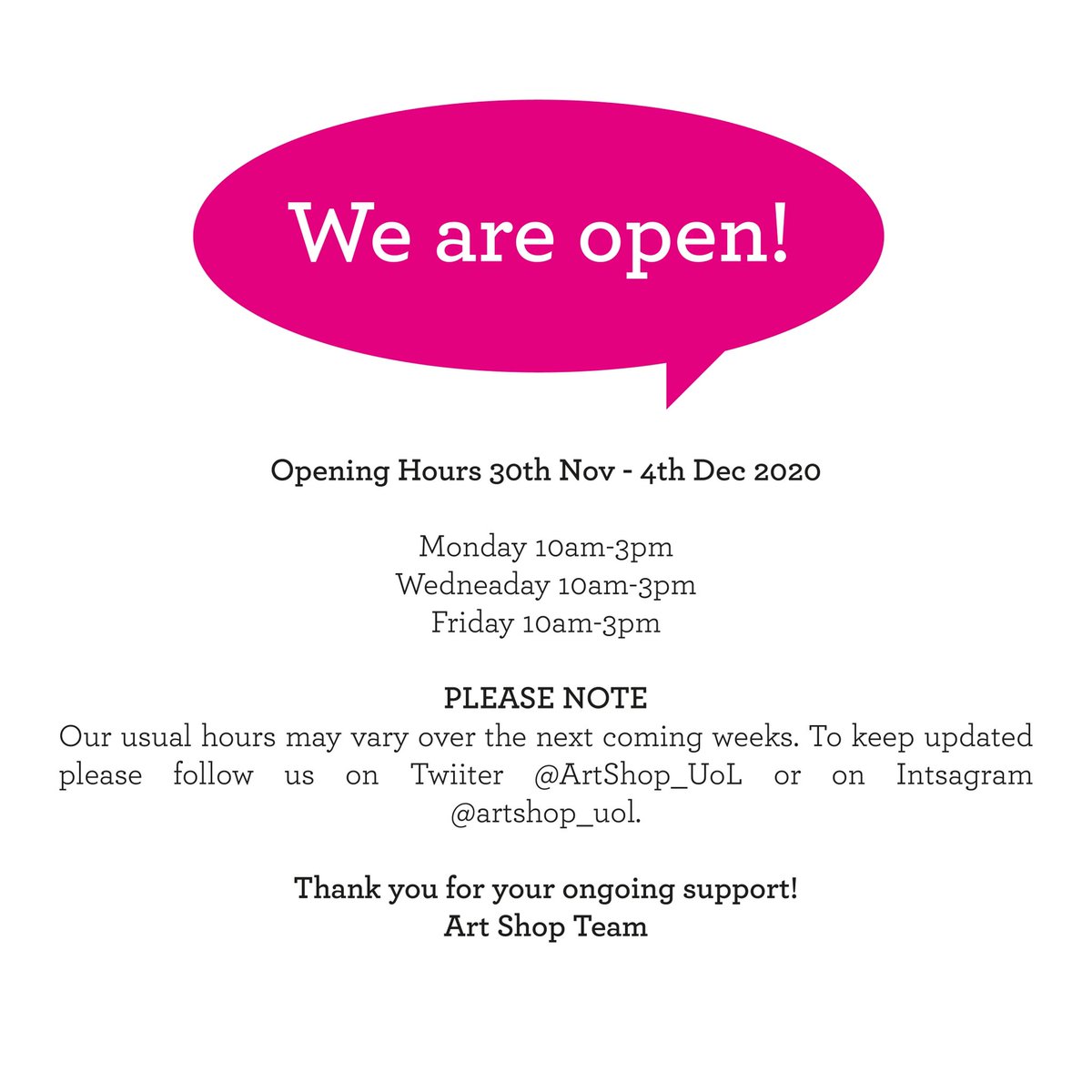 *OPENING HOURS*
30th Nov- 4th Dec

Mon 10am-3pm
Weds 10am-3pm
Fri 10am-3pm