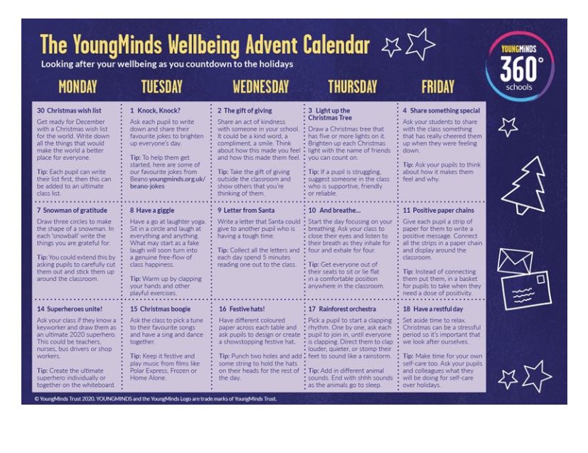 lsmithASHS's tweet photo. Super excited to start advent with the @ASHS_ATeam this week. Huge thanks to @YoungMindsUK for their brilliant well-being advent calendar which will help us as we count down to a very different holiday this year #ATeam #360advent #Wellbeing #Advent #Hope https://t.co/piTSzVmi5r