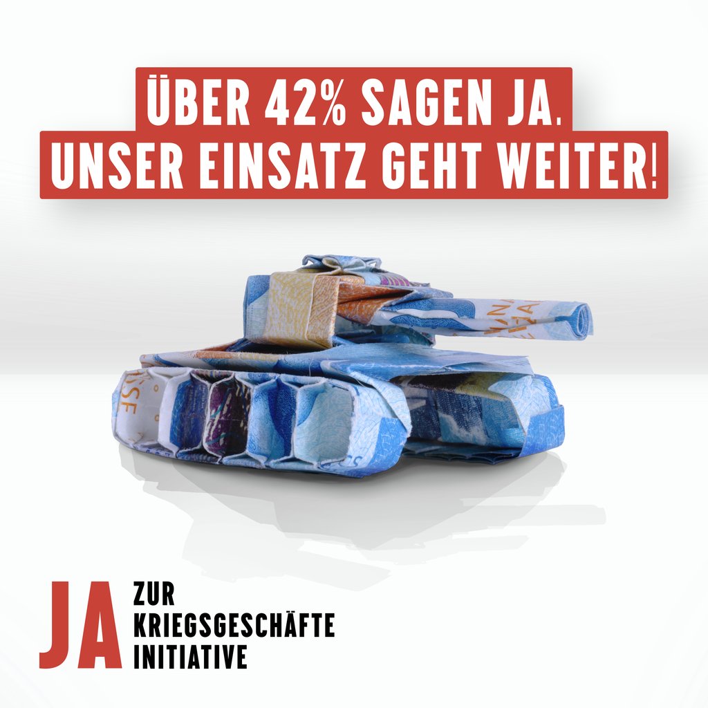 WOW: Über 42% sagten heute Ja zur Kriegsgeschäfte-Initiative 😍🔥 Das ist ein tolles Resultat für eine Initiative von GSoA und Jungen Grünen und war nur dank dem unglaublichen Engagement von hunderten Freiwilligen möglich!