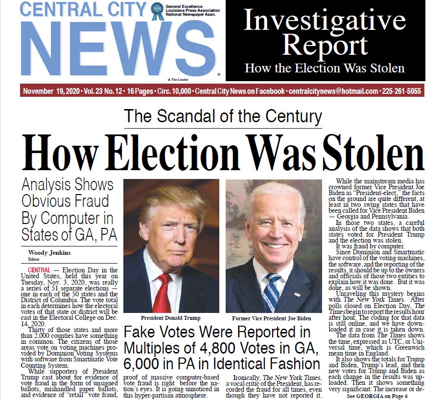 1/ True investigative reporting by the LA Central City News chronicles massive 2020 election fraud: “Ironically the NYT has recorded the fraud for all times, though they have not reported it”  https://centralcitynews.us/wp-content/uploads/2020/11/Central-City-News-11-19-20-Small.pdf