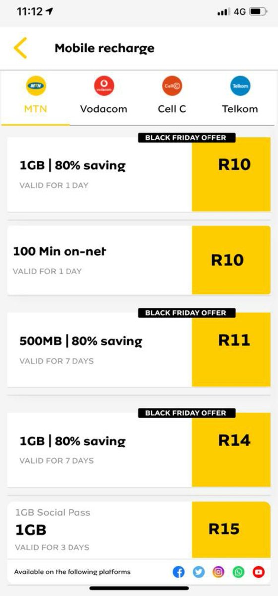 Yolandacuba's tweet photo. Black Friday is here - Special deals on MTN Momo app (download and register now)

R1 for 1G valid for an hour
R10 for 1G valid for a day
R14 for 1G valid for 7 days

#gotchyou💛
#BlackFridayOffersonMomo
MTN Momo - one of the world fastest growing mobile money platforms👊🏾 https://t.co/uwsZ334moc
