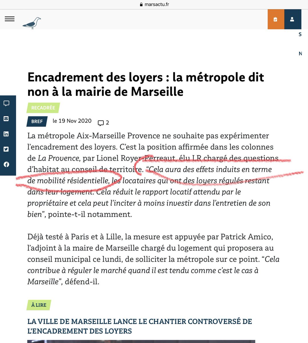 Autre argument : cela freine la mobilité résidentielle. C’est ce que dit le VP au logement de la métropole marseillaise. Alors là c’est absurde et c’est même le contraire :1/ tout le parc de logements est concerné2/ les logements plus grands étant moins chers la mobilité est