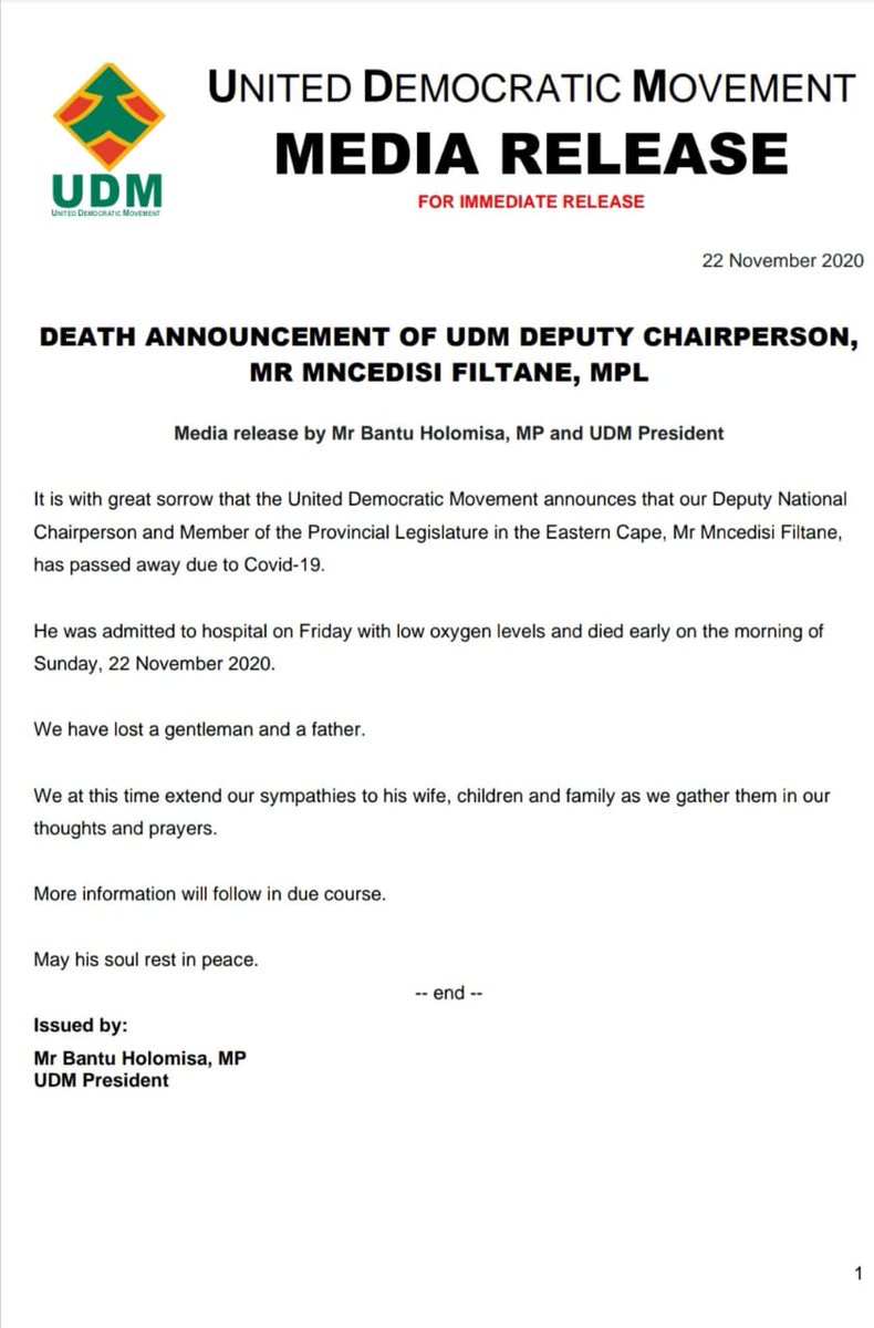 Abramjee: RT @BantuHolomisa: Tragedy has struck: UDM Deputy Chairperson &MPL, Mncedisi Filtane has passed away this morning due to Covid-19.
We are terribly shocked by this loss as we now try to console the Filtane family.
May his soul rest in peace. https://t.co/HF6G79CMTd