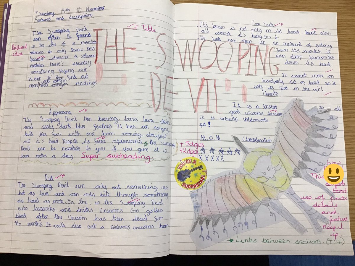 MissHitchlock's tweet photo. Well done to this weeks twitter authors of the week from 6H @LeverEdgePri  Not only did they complete superb non chronological reports about their own fantastic beasts but they did it the day they returned from isolation! #everyonesanauthor  #FantasticBeasts #HarryPotter https://t.co/CtYEOofx1S