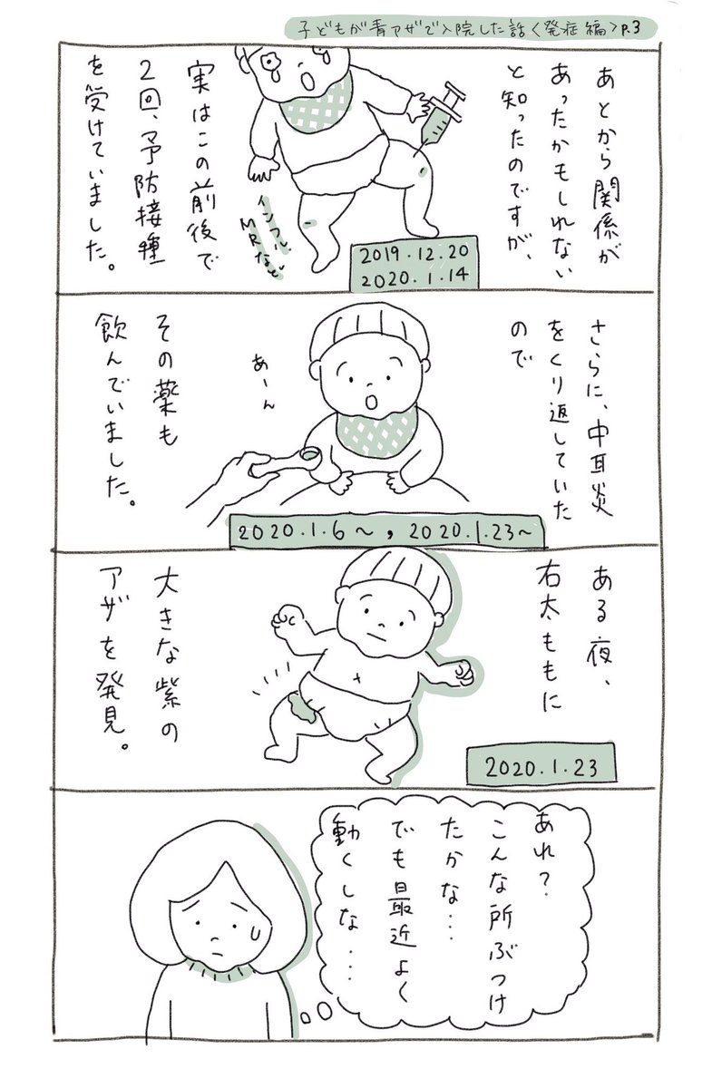 夏に描いた漫画です。ITPはちゃんと対処すれば怖い病気ではないのですが、知識がなく病名がわかるまでつらすぎたので、知っておいて損はないです。原因不明で、予防接種やウイルス感染のあとに起きることもあるそうです。#免疫性血小板減少症 #小児ITP #育児
 
子どもが青アザで入院した話(1/7) 