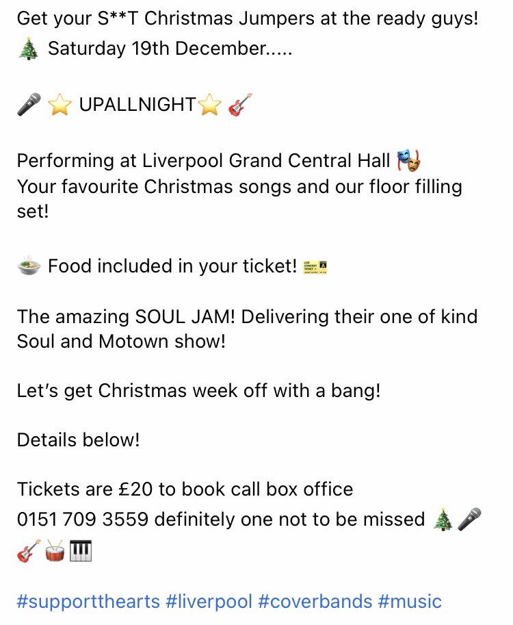‘Up All Night’ are playing @GrandCentralHal 19th December tickets on sale going fast !!! Get yours now at the box office for a fantastic start to Christmas 🎄 🎤🎸🥁🎹 #upallnight #grandcentral #Liverpool #livemusic #Christmas2020