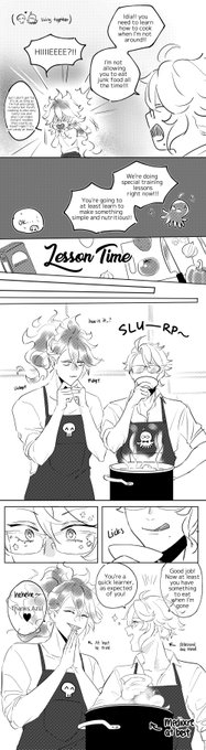 イデアズ (同棲) cooking lesson

?「全然栄養が足りてないじゃないですか!!僕が教えてあげますから貴方は自分で料理をするということを覚えてください!!」
?「ひえぇー」

?「悪くはないですね、やればできるじゃないですか!! 」
?「?」 