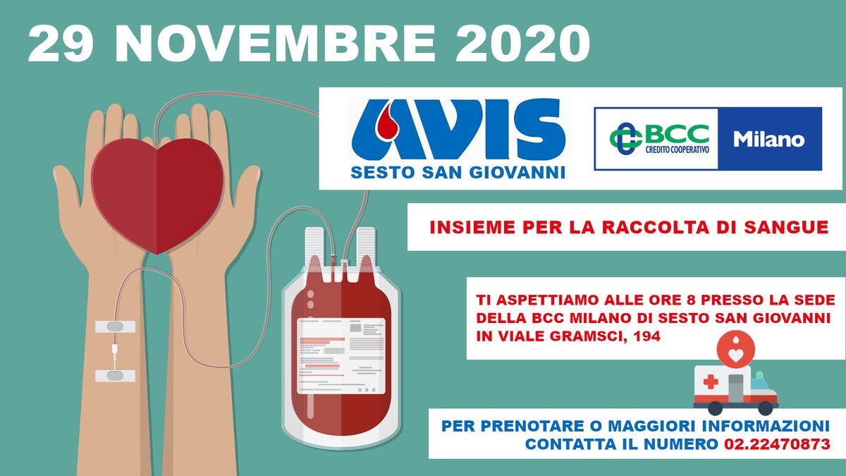 il 29 Novembre 2020 Raccolta di Sangue presso <a href="/BCC_Milano/">BCC Milano</a> in viale gramsci 194 a Sesto San Giovanni