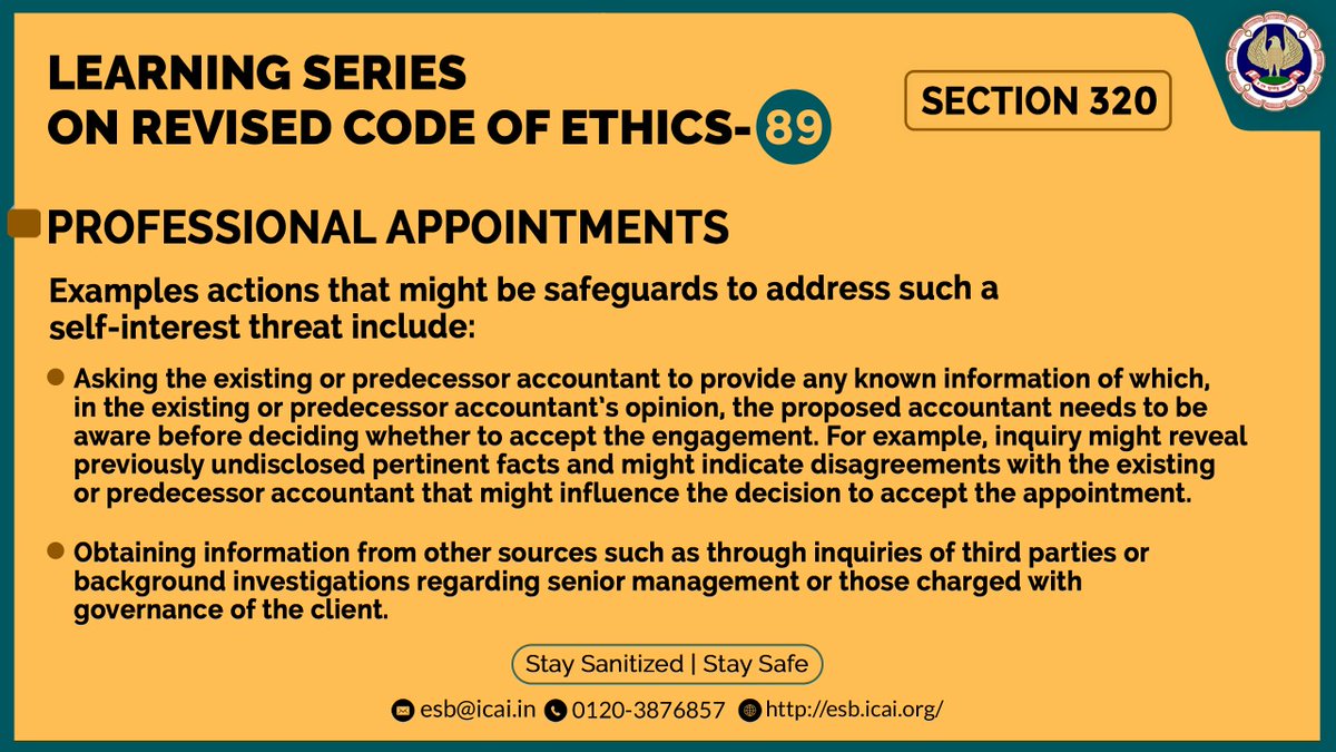 icaiesb's tweet photo. Whether tenders state that, before accepting the engagement, contact with the existing or predecessor #CA will be requested. This gives the opportunity to inquire whether there are any reasons why the engagement should not be accepted.
#icaiesb #theicai #EthicalBoard #CodeofEthic https://t.co/R0Q5HdnBPm
