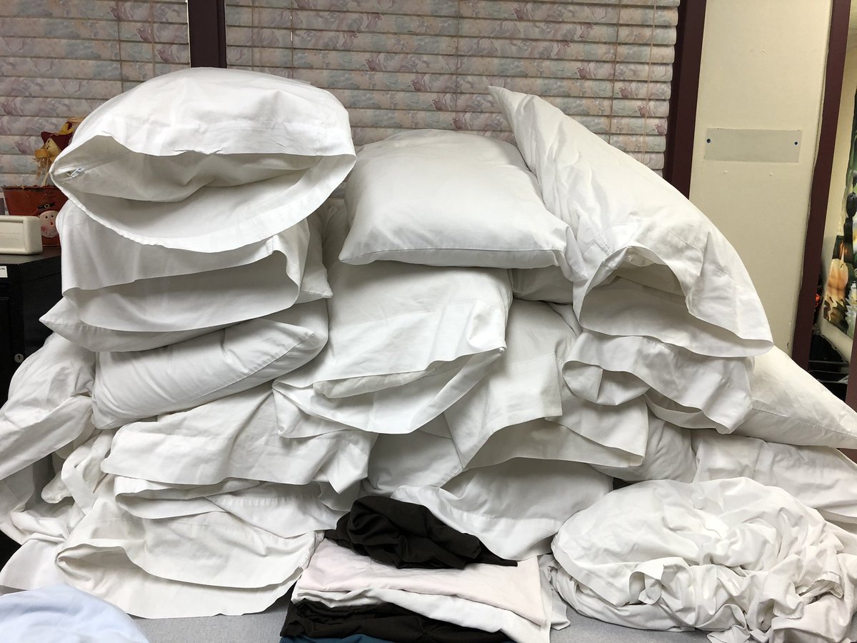 I’m signing off now & leave you w/this clean new pillow pile from the shelter we assembled.After individually stuffing over 64 of these for people coming in from the cold to have a safe warm place tonight, stuffing my own pillowcase at home is going to hit a little different.