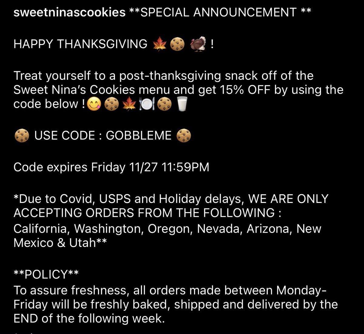 SweetNinasCo's tweet photo. HAPPY HOLIDAYS 😋🤍🍪

USE CODE: GOBBLEME 
FOR 15% OFF of your entire order and treat yourself or someone you care about to a batch of #SweetNinasCookies ! 

*Please read pinned tweet prior to ordering 🤍*

Order here! 👇🏽
https://t.co/ftAP7OHcGD https://t.co/KjUcQBzdEx