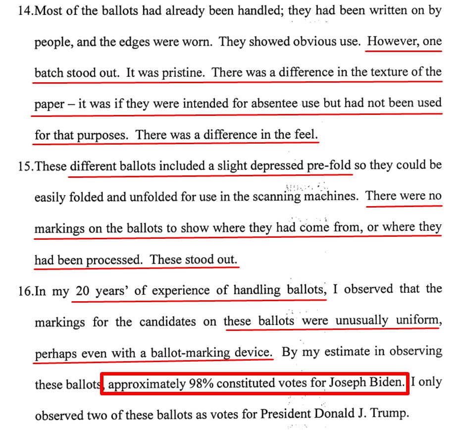 Georgia recount worker with 20 years of experience handling ballots described an odd batch that stood out "there was a different feel." "Pristine" sheets "difference in the texture of the paper" with "no markings" and *98% FOR BIDEN*Source:  https://www.courtlistener.com/docket/18632787/6/4/wood-v-raffensperger/