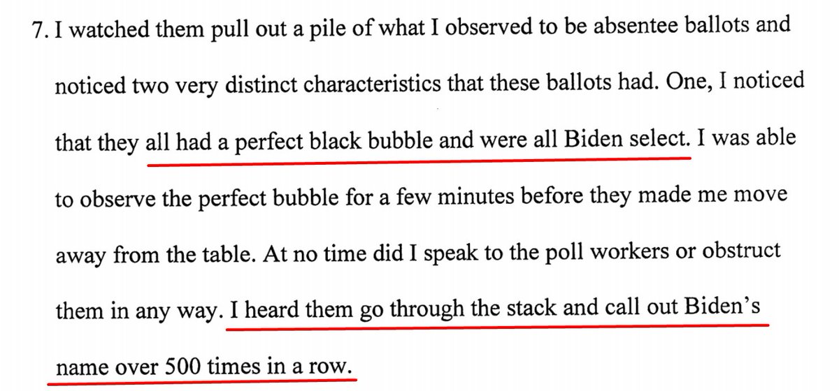 And another Georgia Democrat recount worker affidavit:"All had a perfect black bubble and were all Biden... I heard them go through the stack and call out Biden's name over 500 times in a row."Source: https://www.courtlistener.com/docket/18632787/6/9/wood-v-raffensperger/