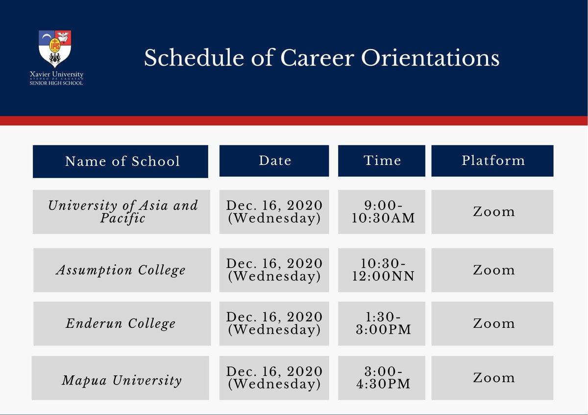 XUSHSOfficial's tweet photo. Hello, Grade 12!

Please see attached photos for the schedule of Career Orientations by the following schools. 

All Grade 12 students are encouraged to join in any of the Online Career talks and seminars. The links of the online orientation will be cascaded by your Moderators. https://t.co/dUygDifygV