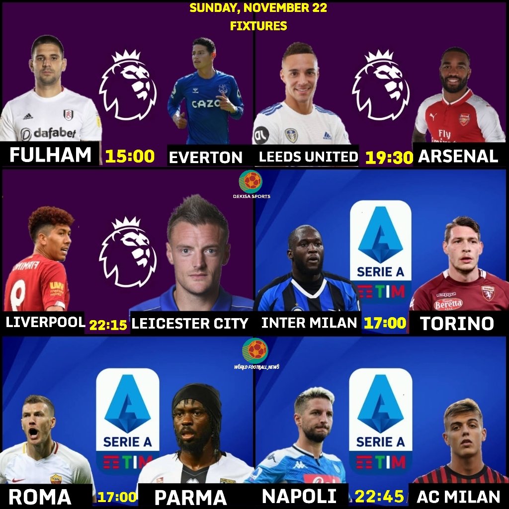 #PremierLeague
Fulham Vs Everton 3pm
Sheffield United Vs West Ham 5pm
Leeds United Vs Arsenal 7:30pm
Liverpool Vs Leicester City 10:15pm
#LaLigaSantander
Eibar Vs Getafe 4pm
Cadiz Vs Real Sociedad 6:15pm
Granada Vs Real Valladolid 8:30pm
Alaves Vs Valencia 11pm
# https://t.co/B4BmDn3grF