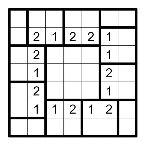 [25 Years Highlight series]
Surveyors Heyawake: Heyawake. In each room, one clue is a Heyawake clue, the other is a Minesweeper clue (counts number of black cells in 3x3 region centered on itself).
Solving link: swaroopg92.github.io/penpa-edit/?m=…