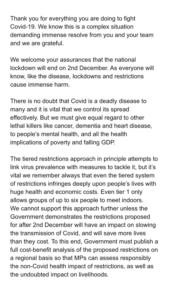 BethRigby's tweet image. 70-strong Covid Recovery Group of Tory MPs have just published letter to PM warning they won’t support his plan for new tiered restrictions “if it cannot be shown that they are saving more lives than they cost” &amp;amp; have asked for “full cost benefit analysis to be published” 👇
