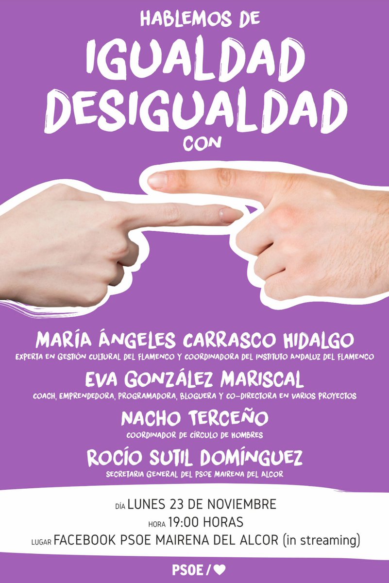 psoemairenalcor's tweet photo. 🔴 HABLEMOS DE IGUALDAD/DESIGUALDAD.

🕖 HORA: 19:00

📍 LUGAR: FACEBOOK #PSOE Mairena del Alcor (vía #streaming).

Este LUNES 23 de NOVIEMBRE, coincidiendo con la semana en la que conmemoramos el día contra la #violencia de #género, conversaremos virtualmente con 👇🏼 https://t.co/YHGJL2Nzs3