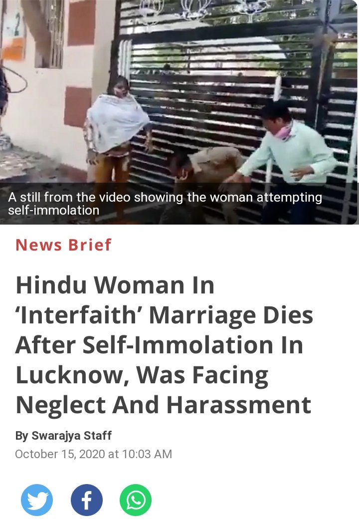 Hindu woman in interfaith marriage compelled to immolate herself in fire  because of unbearable torture by the in laws in UP.