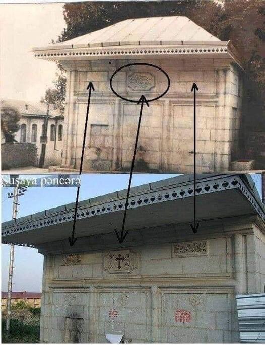 Ali_F_Alizada's tweet photo. Falsification in the blood of Armenians. 
❗️Replacement of the memorial plaque of the XIX century architectural monument "Spring of #Mamayi", noticed in the recently liberated #Shusha. Shame !

Saxtakarlıq ermənilərin qanındadır! https://t.co/3OdnryfYkf