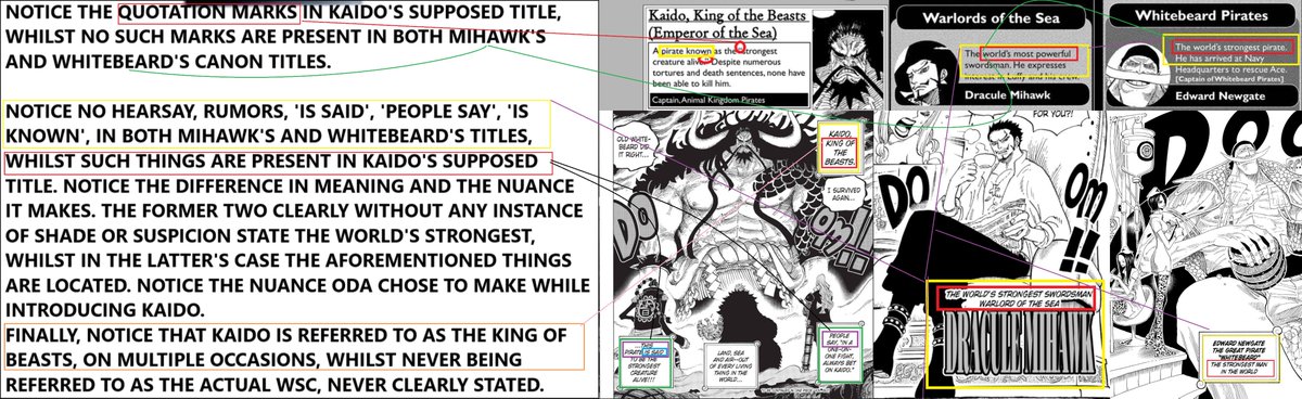 - In addition, Kaido, in canon material, has only been referred to as the & #39;King of Beast& #39;, on multiple instances, whilst never referred to as the WSC .- Now, I& #39;ll present a direct comparison with both Mihawk and Whitebeard. I won& #39;t elaborate here, because I& #39;ve written everything