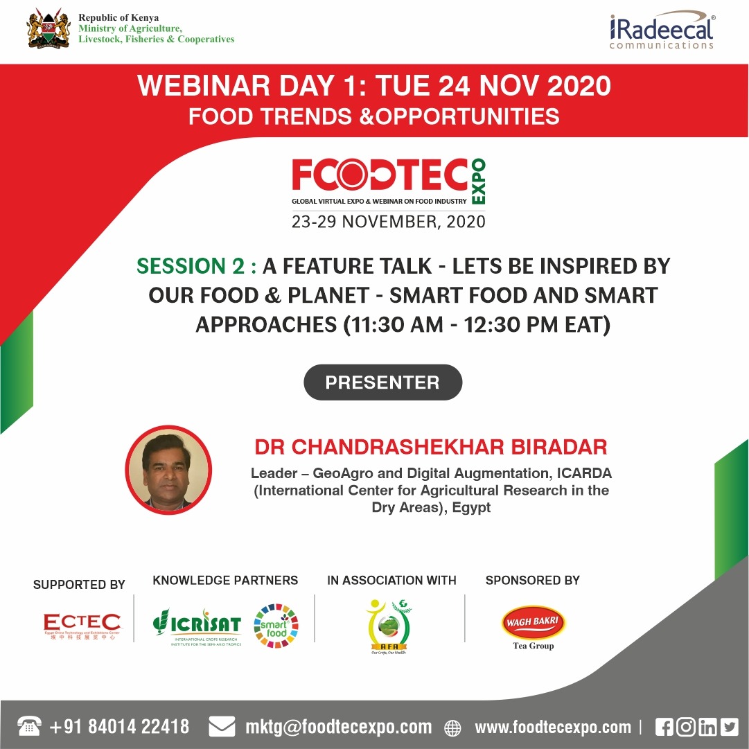ICARDA's tweet photo. Looking forward to @biradarcm speaking at the @SmartFoodGlobal @foodtecexpo and bringing @CGIAR's digital research on "Smart Food and Smart Approaches" to audiences online.  
#SmartFood2020 #FoodTec2020
Register for the event: https://t.co/jjrydmdVfr https://t.co/ElSgxxWEA5