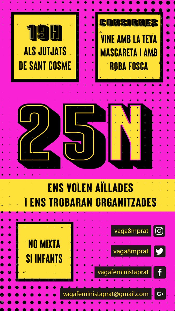 vaga8mprat's tweet photo. Companyes!
Dimecres és 25N, dia contra les violències masclistes, i les volem visibilitzar i denunciar💥

Vine als jutjats de Sant Cosme (pl. Amistat), a les 19h. 
Vesteix-te de negre o fosc🖤 i porta la mascareta😷

Ens volen aïllades i ens trobaran organitzades!✊💜 https://t.co/ABA9sPATS9