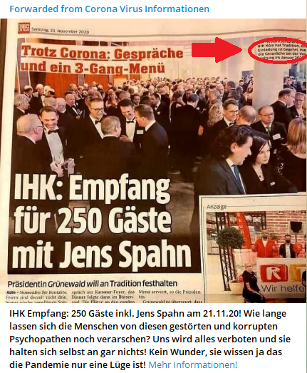 Volksverpetzer's tweet photo. FAKE! Pandemie-Leugner drehen durch, weil Spahn eine Party ohne Abstand gehalten haben soll. Es soll ein Beweis sein, dass die Pandemie Fake sei. Rechts oben steht, dass das Bild den Neujahrsempfang aus dem Januar 2020 zeigt. Auch der Artikel ist irreführender Clickbait (1/3) https://t.co/7CoQp9txgF