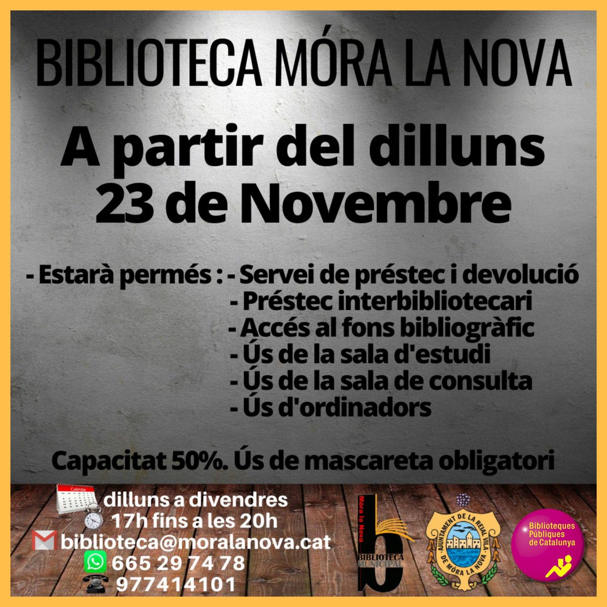 A partir del dilluns 23 de novembre tornem, a poc a poc, a la nostra normalitat, encara que amb un 50% de capacitat. 

Torna l'accés a la bibliografia, l'ús de la sala d'estudi i de la sala de consulta i també l'accés als ordinadors.