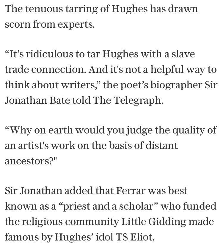 4. He still hasn’t established what the BL are actually *doing* but we’ll move onto one liners, shall we. Jonathan Bate, biographer, thinks this “tars” Hughes, what this is, is still left unknown. The last bit about a slave owner being a priest and scholar is laughable, at best.