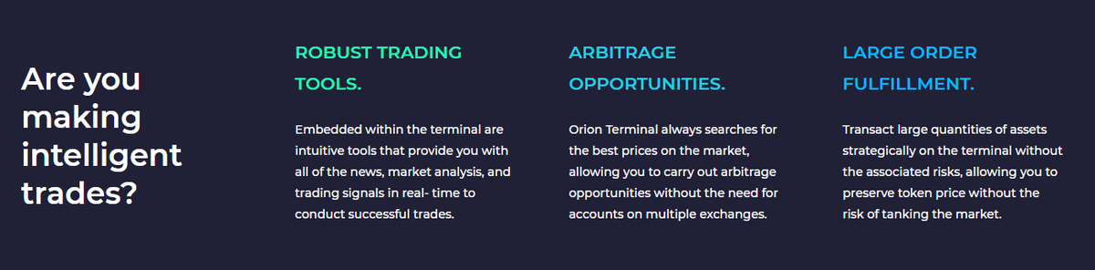 Interestingly, Orion Protocol is not competing with existing cex/dex’s, but instead is aggregating them. They unite their orderbooks in one easy-to-use terminal, providing access to the entire crypto market. No account is needed.