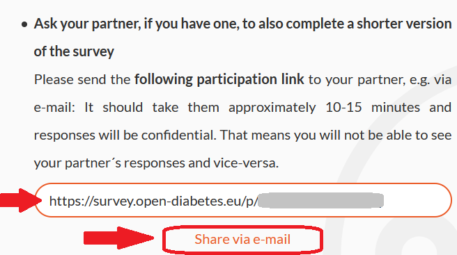 OPENDiabetesEU's tweet photo. Your partner wants to participate in the OPEN survey, too? Go back to https://t.co/TdkQVvlsI3 and at the "How you can help" page, scroll down to the bottom. Send the participation link to your partner, e.g. via the "Share via e-mail" button beneath the link. #diabetes #research https://t.co/kUHqqpETX3