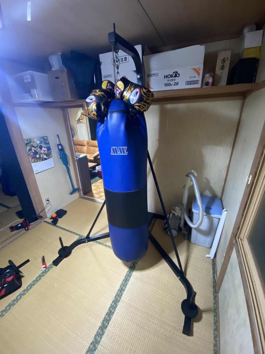 takayasu115's tweet image. サンドバッグ設置してみた
めっちゃ場所取りやがる笑
グローブも新調した😎
#MARTIALWORLD 
＃有酸素運動
#TWINS