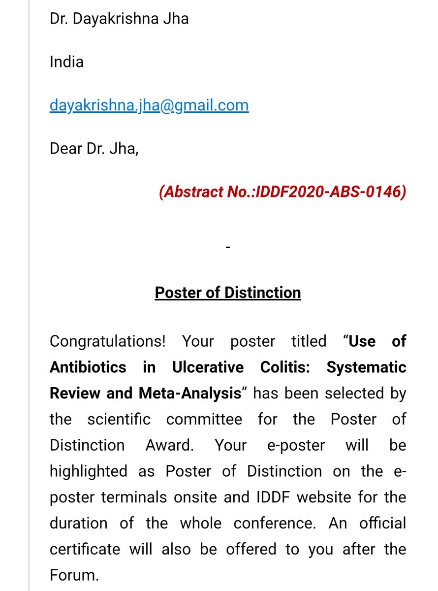 drvishal82's tweet photo. Our poster on systematic review on use of antibiotics in ulcerative colitis awarded poster of distinction at the @IDDF_CUHK at Hong Kong https://t.co/gzYuzuwijt