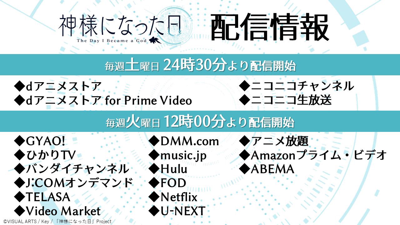 神様になった日 Charlotte Ab 公式アカウント 配信情報 各配信サイトで 佐倉綾音さん 花江夏樹さんが主演をつとめる 神様になった日 が配信中 ぜひ配信でも 神様になった日 をお楽しみください 配信情報はこちらから T Co
