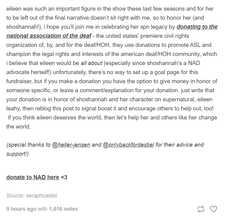 Not one of ours, but please consider donating to NAD (National Association of the Deaf) for our wonderful Eileen! @Shoshannah7 Link to tumblr post:  https://demonegan.tumblr.com/post/635461905901928448/in-the-spirit-of-channeling-our-negative-emotionsLink to donate:  https://www.nad.org/donate/ 