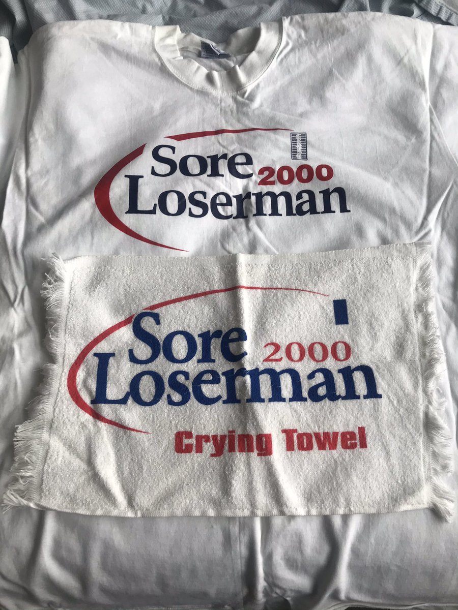 We got some good swag, too.I still have my Sore/Loserman t-shirt and “crying towel.” Though those now seem more appropriate for a Trump team that refuses to accept reality.