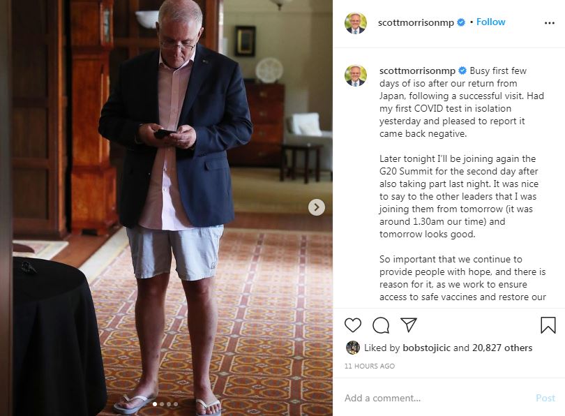 11) Another very strange update from  #ScoMo that just has to be comms of some sort. I know he's wearing shorts but given the collared shirt and jacket, the first thing that comes to mind is that those are his boxers.  https://www.instagram.com/p/CH4IK7aLgqr/ 