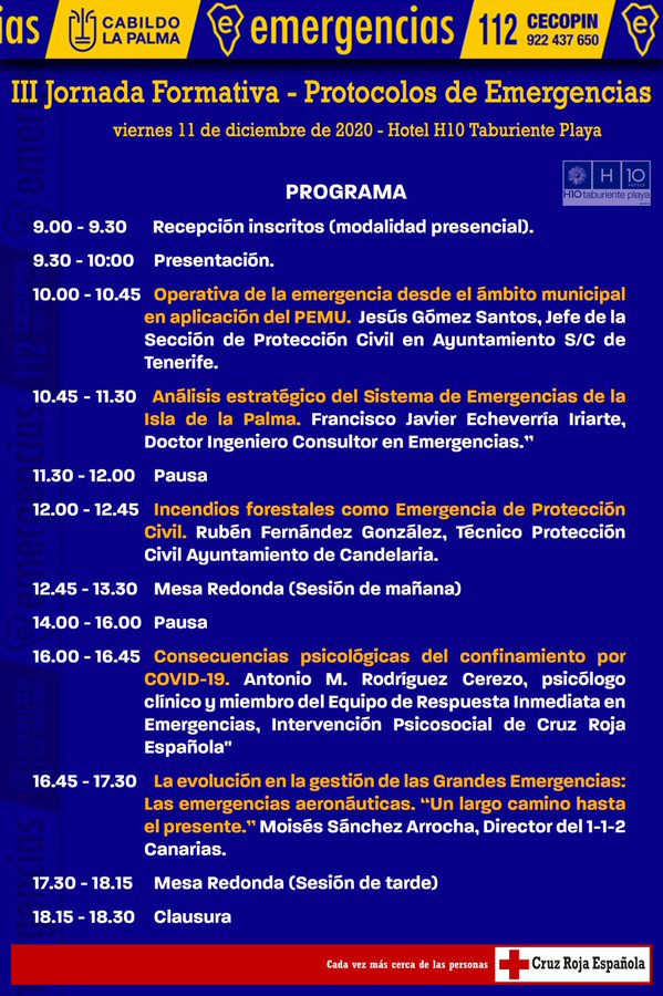 akoran_112's tweet photo. III JORNADA FORMATIVA PROTOCOLOS DE EMERGENCIAS
11 de diciembre en #BreñaBaja #LosCancajos #LaPalma Organiza @CRE_Emergencias
#CECOPINLaPalma Un placer para el @112canarias ser invitados a participar y compartir experiencias en este encuentro. Gracias. https://t.co/nVMDlFh4yp