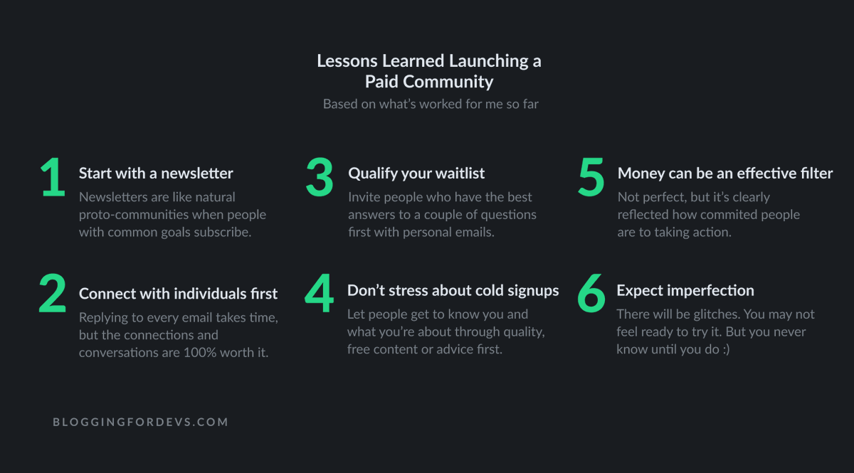 Here are the main things I've learned as a newbie community builder so far:• Newsletters = proto-communities• Individuals > Automation• Qualified waitlist = better connections• Landing page may not matter much• "Paid" can work as a filter• Nothing's perfect, it's OK!