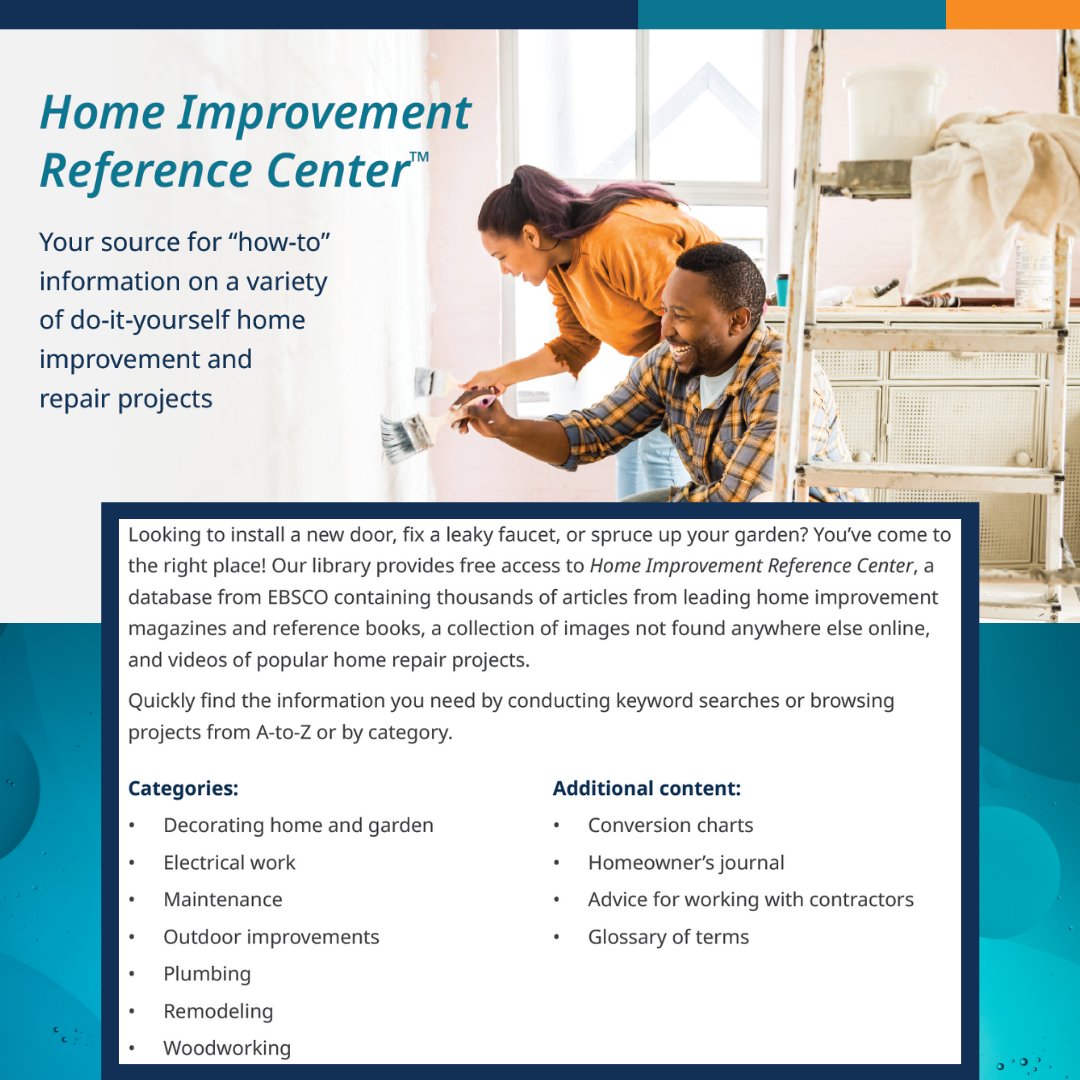 Tackling a home improvement project over the holidays? Check out Home Improvement Reference Center from EBSCO for how-to guides and videos. bit.ly/3kMlGgy
#Morethanbooks #makingdreamsreal