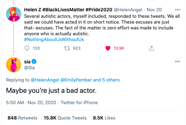 It is beyond comprehension that hollywood still doesn't get that the standard should be casting autistic spectrum actors to play autistic characters. I shouldn't have to explain why. <a href="/Sia/">sia</a> maybe you're just a bad director.