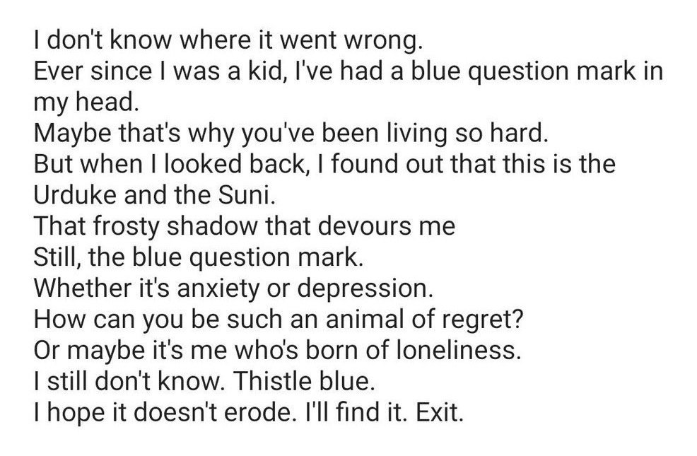 play a very important role~ "Mirror in art"; which symbolizes "know myself". Aren't these lines too deep? Moving on to verse 2; Suga's rap. In the whole song, you'll notice how Suga is the only person who described 'how closely blue is chasing him from his childhood'. ++