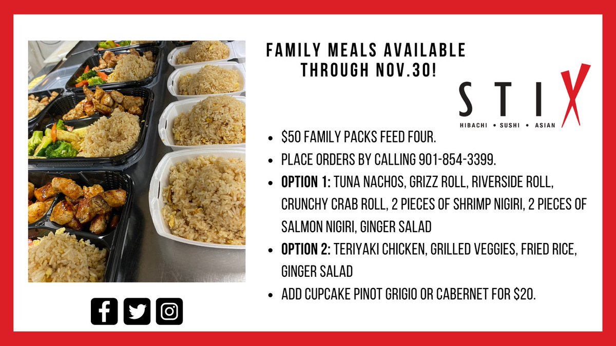 STIX901's tweet image. Memphis, you’re in for a treat this holiday season. 😋  STIX Collierville is offering family meals for $50 all month long! Both options feed four people. Which one are you going with?  👉🏼  901-854-3399.