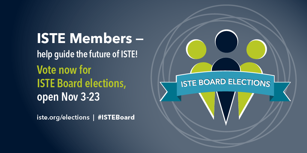 There’s just one day left to cast your vote for new members of the ISTE Board of Directors!! Share your voice and help us serve you by electing three board members who will work to rethink education and empower all learners! Voting closes tomorrow Nov. 23 at 5 p.m. ET. #ISTEBoard