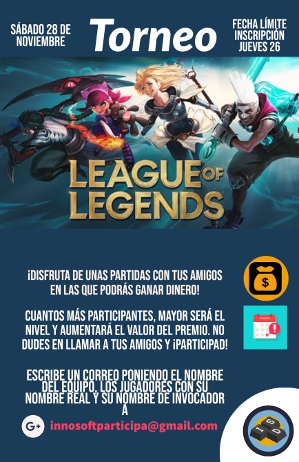 InnoSoftDays's tweet photo. Por recordaros otras actividades, tenemos un TORNEO de League of Legends en el que podéis participar  con vuestros amigos! Muchos tenéis la duda de si sólo pueden participar personas de la US. La respuesta es NO! Pueden participar todos vuestros amigos! https://t.co/8dJOaN9ndJ