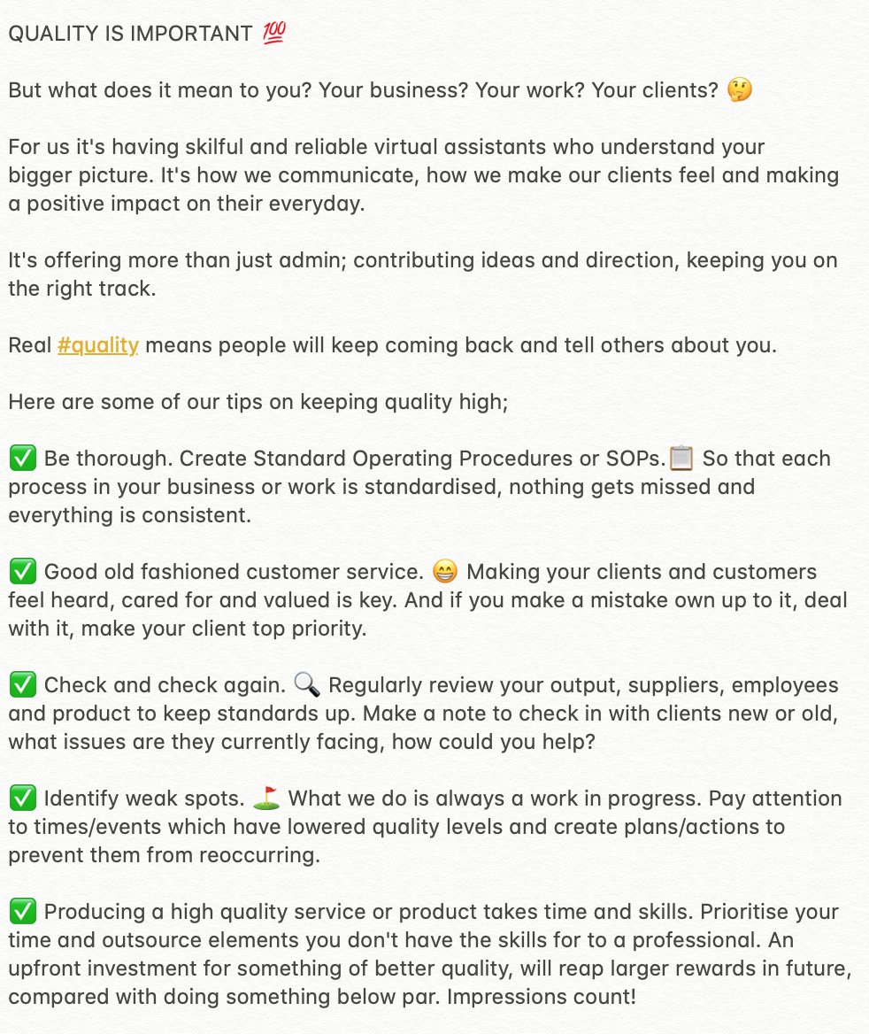 EdenAssistants's tweet photo. #QUALITY IS IMPORTANT 💯
But what does it mean to you? Your business? Your work? Your clients? 🤔
Here are some of our tips on keeping the quality of your output high;
#edenassistants
#work
#SmallBusiness
#virtualpas
#virtualassistant
#VA
#businesstips https://t.co/VQRZ46EiHt