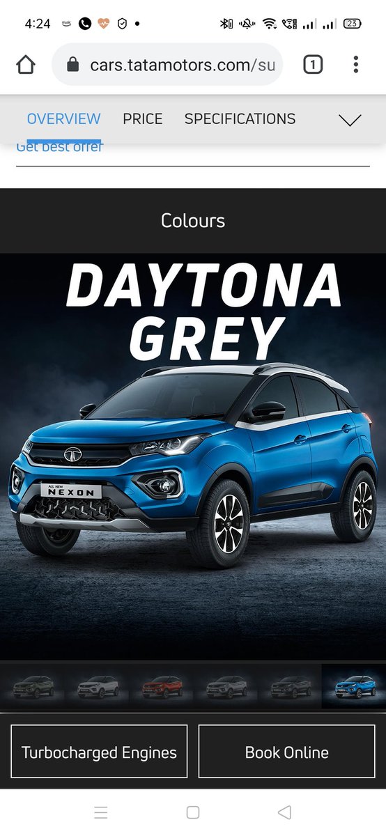 LebinJoe's tweet photo. @TataMotors_Cars selecting blue variant shows as Daytona grey, all other colour variants are listed correctly. Please update it. https://t.co/KNMnyj8SzK